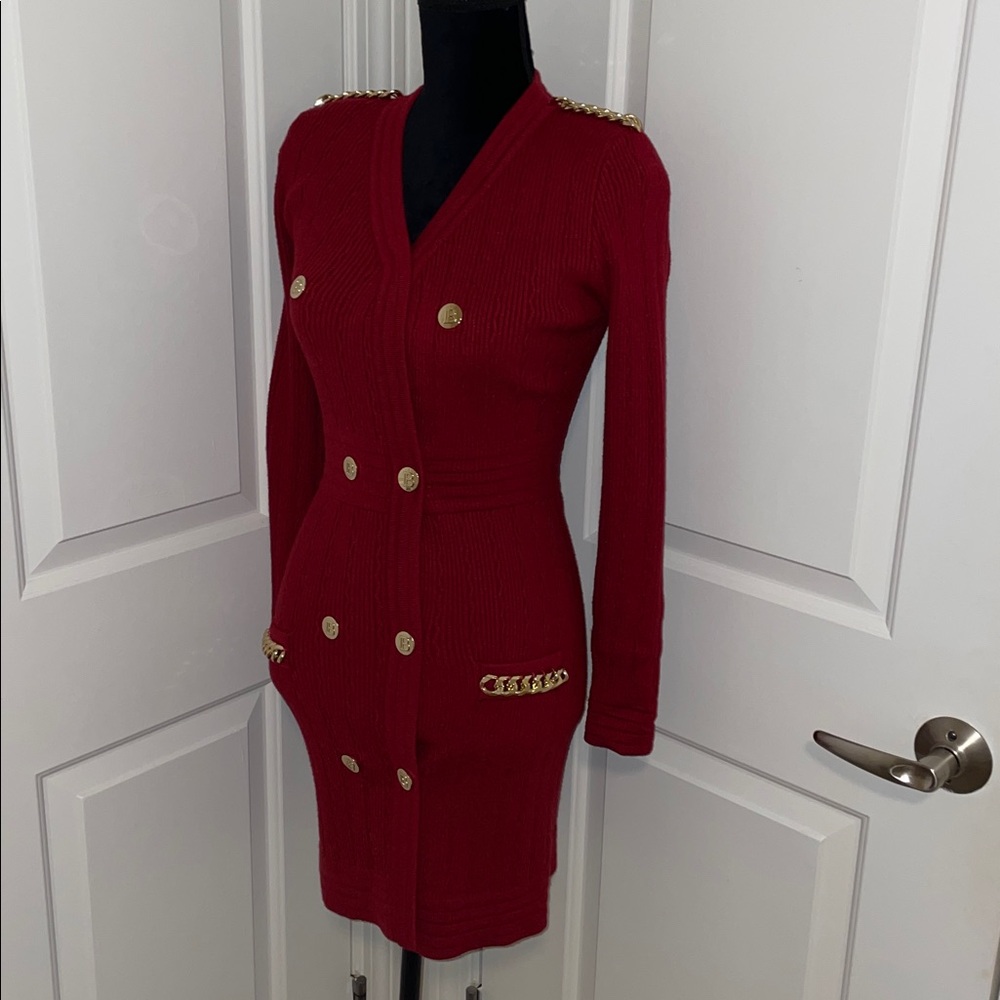 Red Cardigan Dress with Gold Buttons- from Queenia